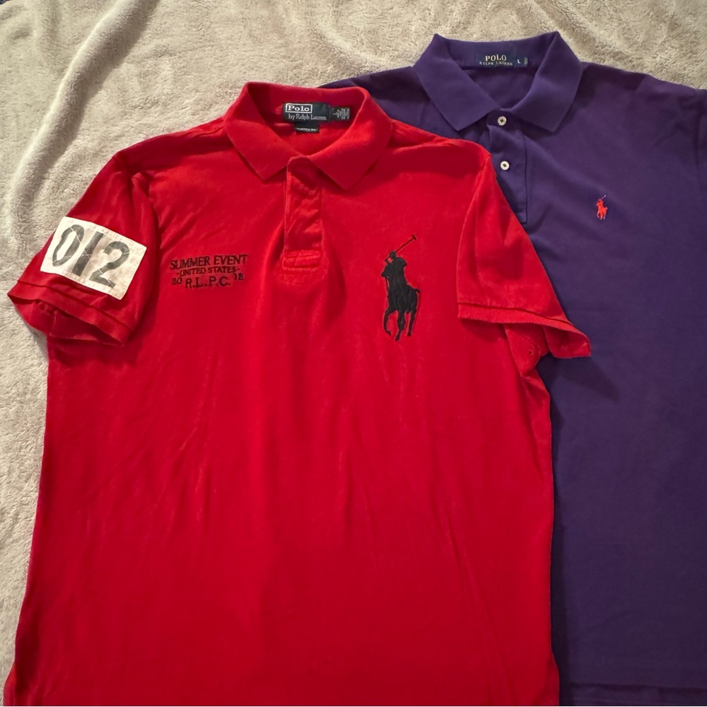 2 Classic Ralph Lauren Polo Shirts Red Purple Big Pony Special Event Patches